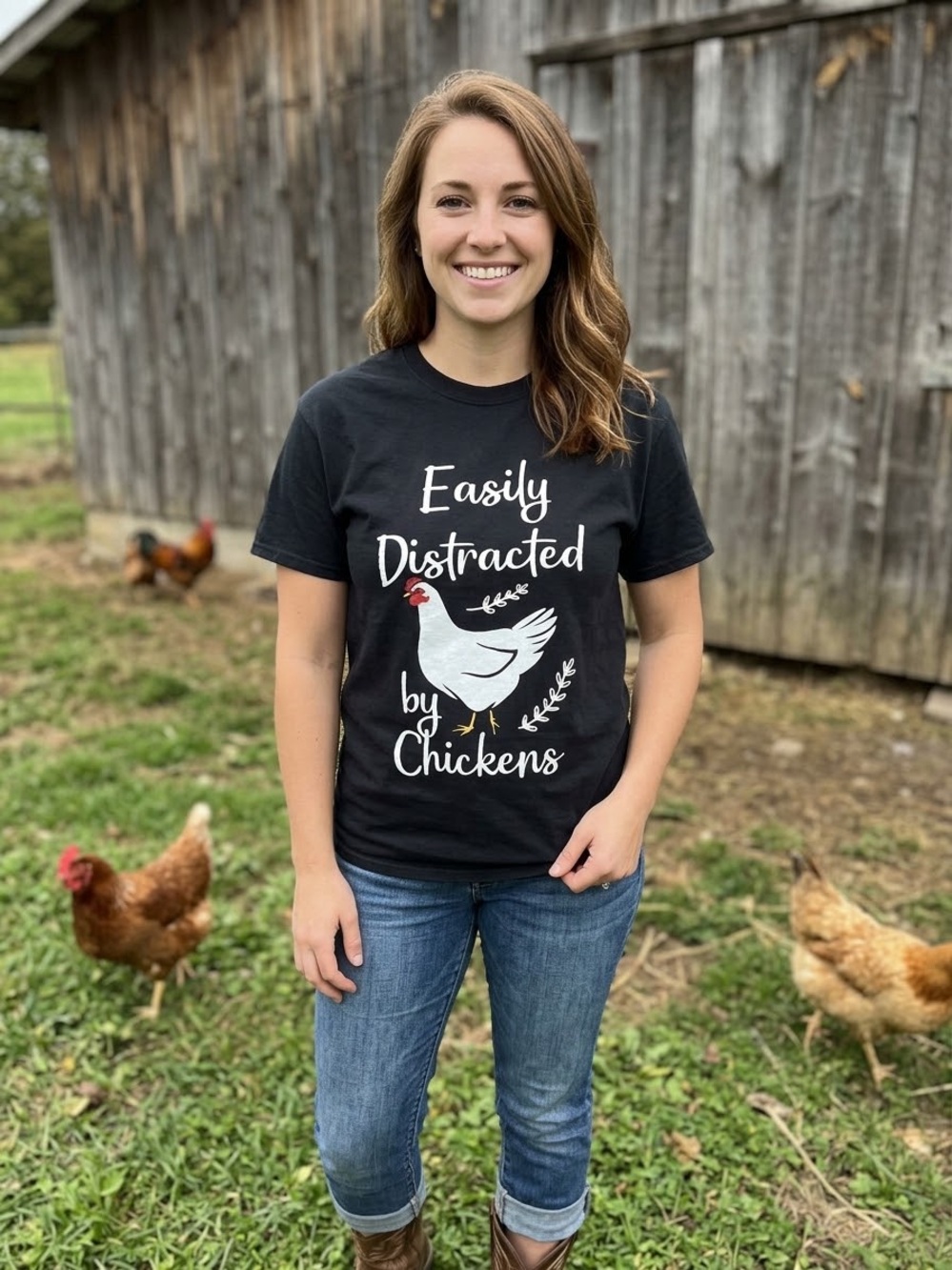 Gildan Black Tee White Chicken Graphic “Easily Distracted by Chickens” Sz Medium